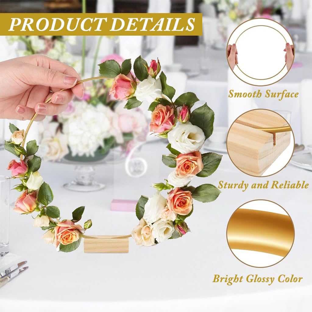 HASTHIP 6Pcs 12-Inch Golden Floral Hoops with Wooden Holder, Metal Macrame Gold Wreath Ring, Party Display Cake Stand for Wedding Table Settings, Romantic Dining Decor, Party Ornaments