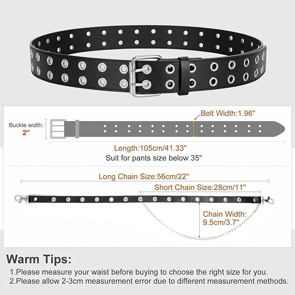 PALAY PU Leather Punk Belt with Chain Double Grommet Belt for Women Black Waist Belt with Metal Chain Double Prong Belt for Jeans Pants
