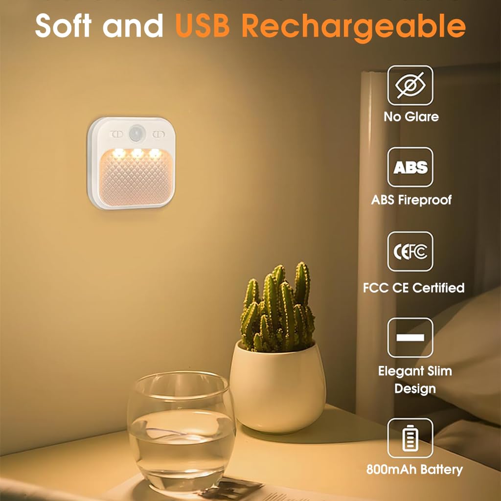 ELEPHANTBOAT 3Pcs Motion Sensor Led Night Light, Rechargeable Night Light with 3 Colour Temperature, Dimmable Brightness Night Light for Stairs Bedroom Bathroom Hallway