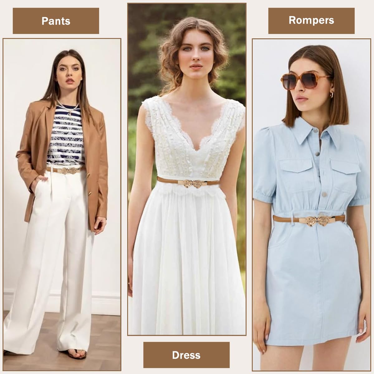 PALAY Women Belt Fashion PU Narrow Belt Golden Rose Interlock Buckle PU Slim Belt 40 Inches Adjustable Women Slim Belt for Casual Blazer, Formal Suit, Gown, Evening Dress