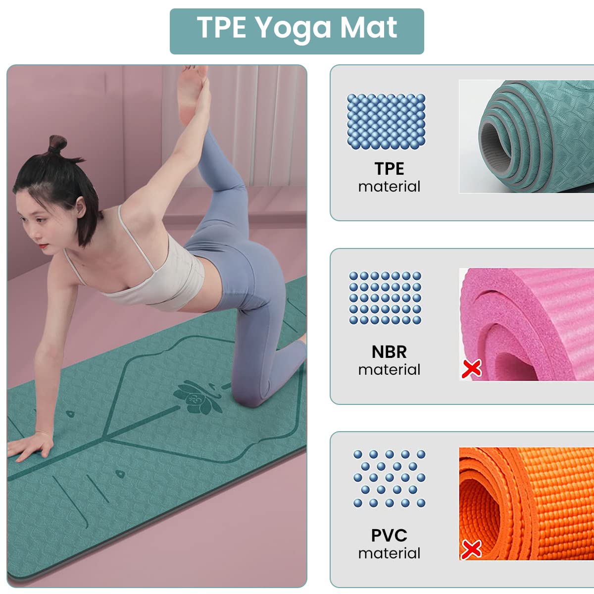 Proberos 185 * 80 * 0.8cm Yoga Mat for Women Men with Portable Bag, Waterproof TPE Yoga Mats for Home Gym & Outdoor Workout, Double-sided Non-slip Gym Mats for Yoga, Hiit, Working Out, Light weight
