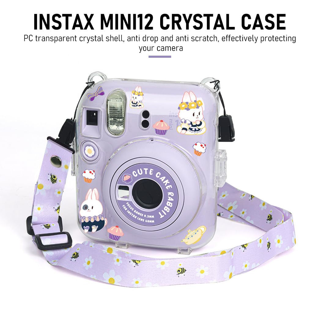 ZORBES Protective Camera Case for Fujifilm Instax Mini 12 Clear Case with Photo Slot Design, Travel Camera Case for Fujifilm Instax Mini 12 with Adjustable Shoulder Strap, Cartoon Sticker