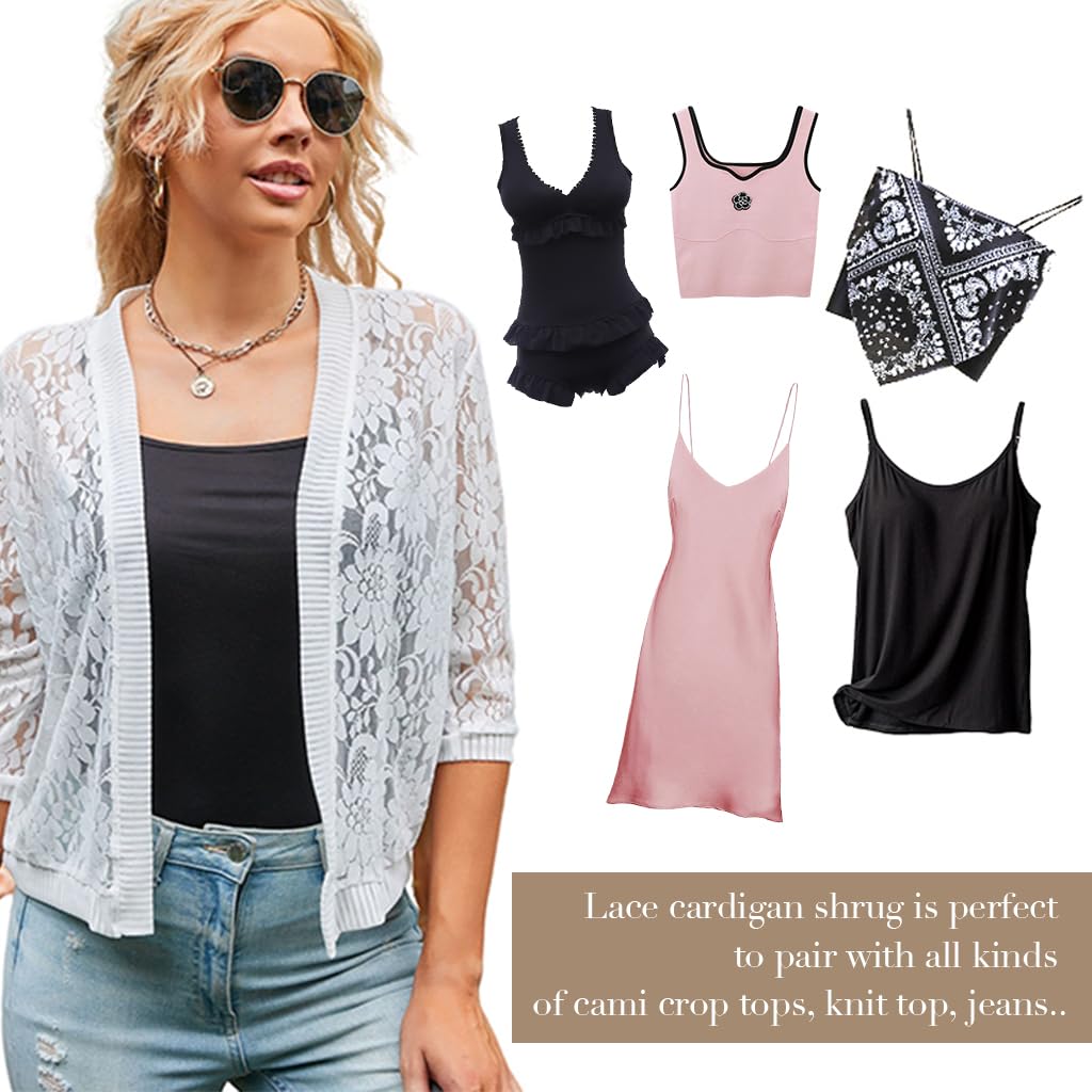 PALAY Womens Casual Summer Lace Cardigan Open Front 3/4 Sleeve Solid Crochet Bolero Jacket Lace Shrug Cover Up