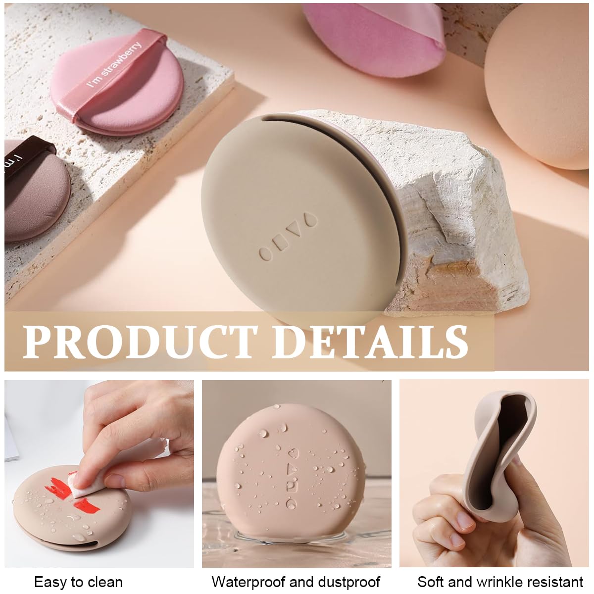 MAYCREATE Silicone Powder Puff Holder, Makeup Sponge Puff Case Organizer for Travel, Soft Skin-Friendly Beauty Blender Storage - Khaki