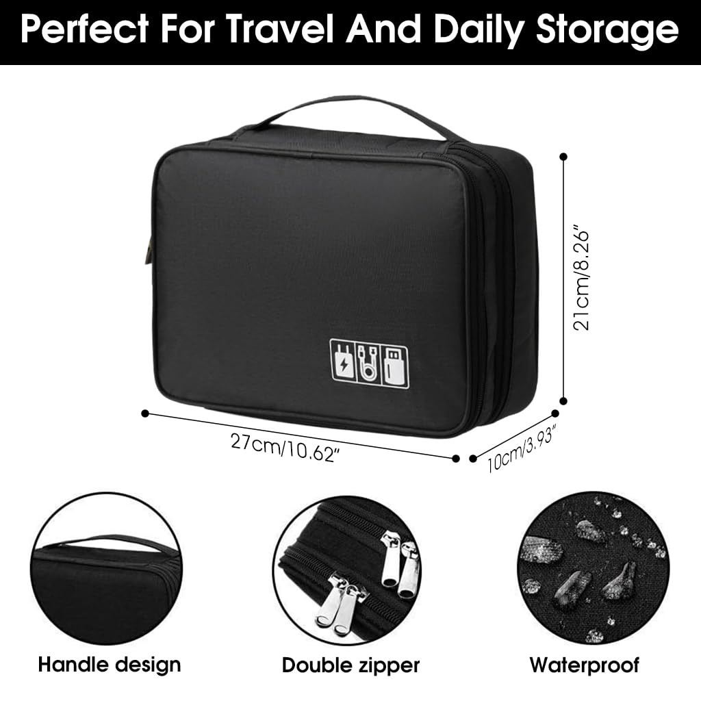 ZIBUYU Travel Cable Organiser Bag, Extra Large 3-Layer Universal Gadget Bag with Adjustable Dividers, Shockproof & Water-Resistant for Electronics, Power Bank, Cables - Black, Perfect for Travel