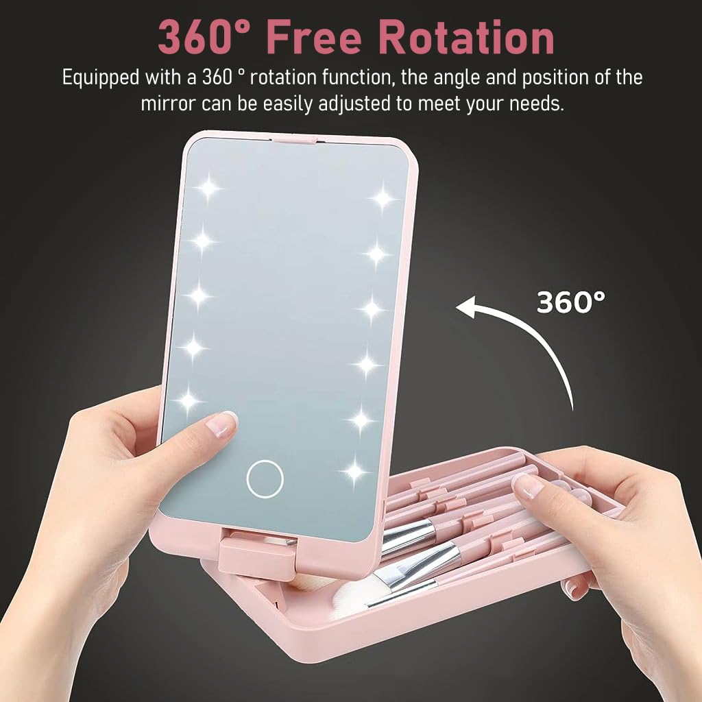 MAYCREATE Vanity Mirror with Light, 2 in 1 Rotatable Personal Beauty Mirror with 5 Makeup Brushes, LED Lights Dimmable Touch Screen Travel Lighted Mirror for Women and Girls