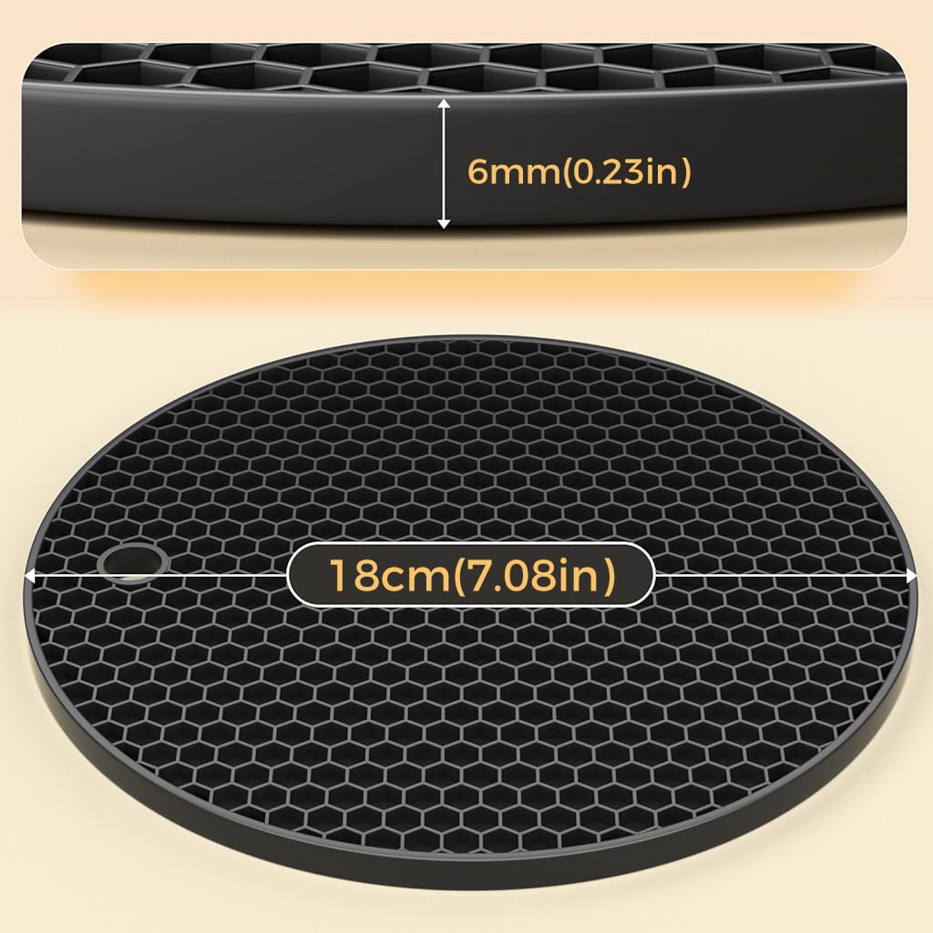 ZIBUYU Trivet Mats for Kitchen Round Silicone Trivets for Dining Table Surface Protector Honeycomb Design Round Silicone Coaster for Hot Utensils, Cup, Hot Plate Mats for Kitchen (7 inch), Black - 3