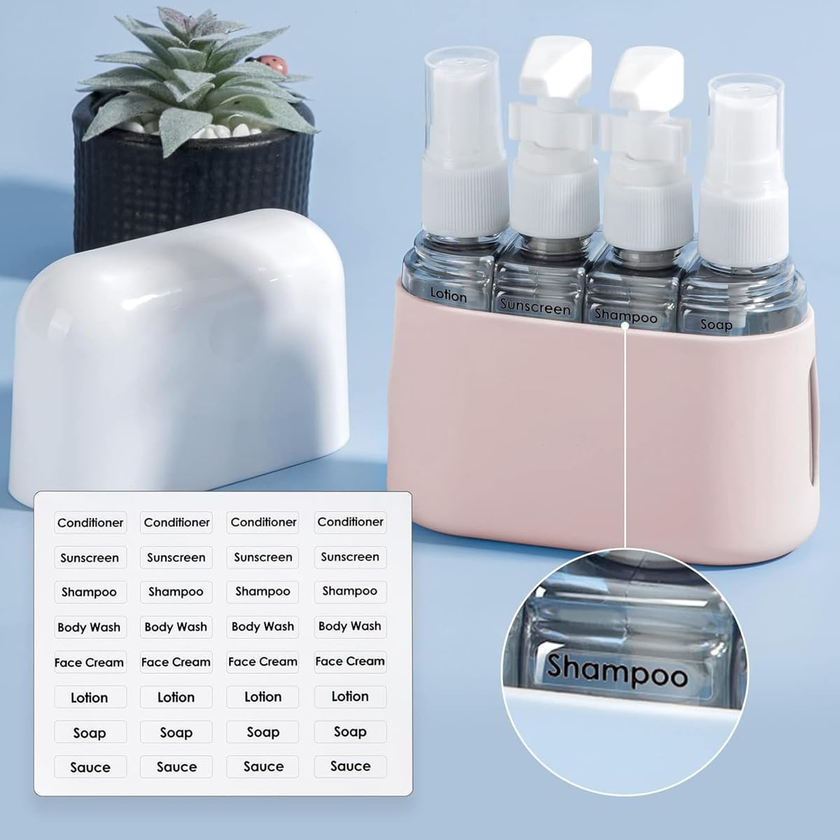 MAYCREATE Travel Bottles Leak Proof, 4 in 1 Travel Containers for Toiletries, Refillable Plastic Bottles with Lid, Travel Accessories Shampoo Conditioner Bottles, Pink