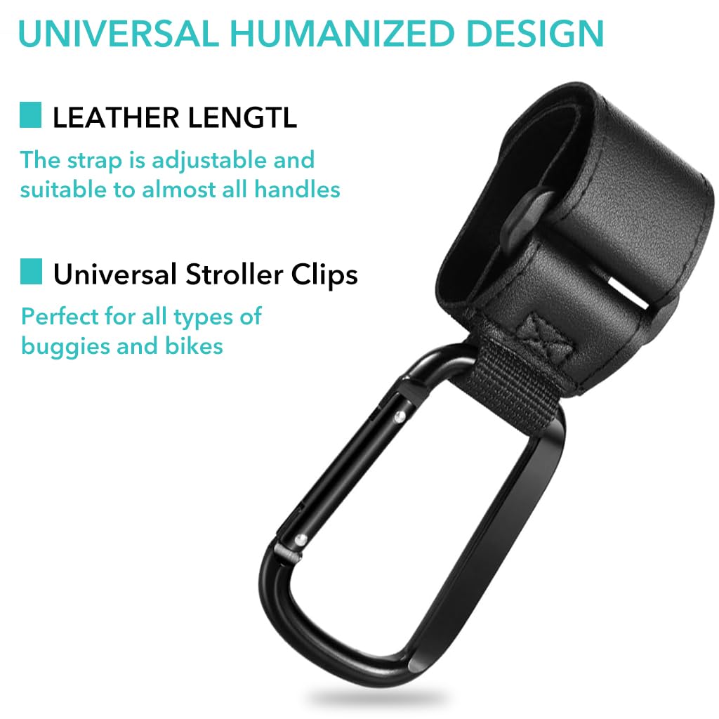 SNOWIE SOFT 2Pcs Hanging Hook for Pram Stroller Hanging Clip Adjustable PU Leather Pram Clip with Quick Release Carabiner Design Universal Attaching Buckle for Stroller, Bike, Pram, Pushchair