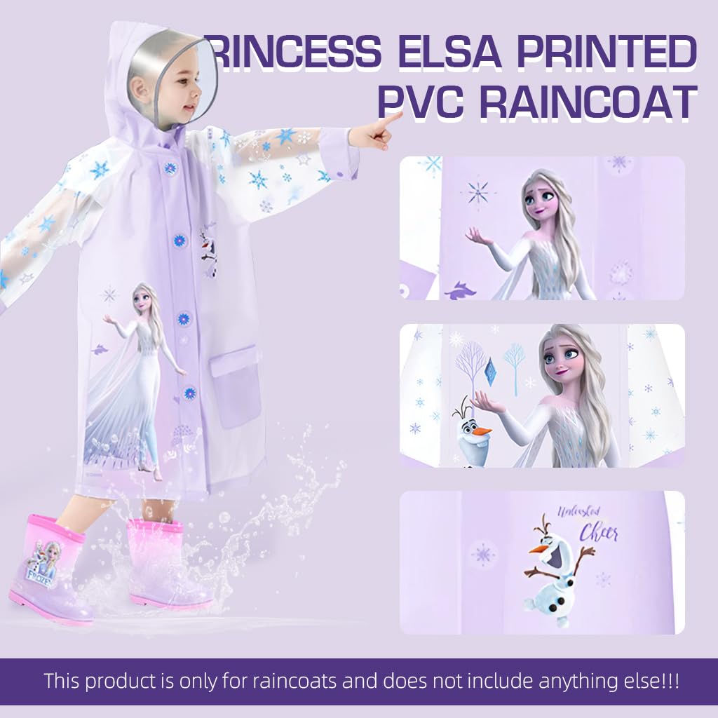 PALAY Raincoat for Girls Cartoon Purple Princess Elsa Print EVA Raincoat Wide Brim Hood Rain Jacket with Backpack Rain Cover Knee Length Long Raincoat for School Girls 9-11 Years Old, Size XXL