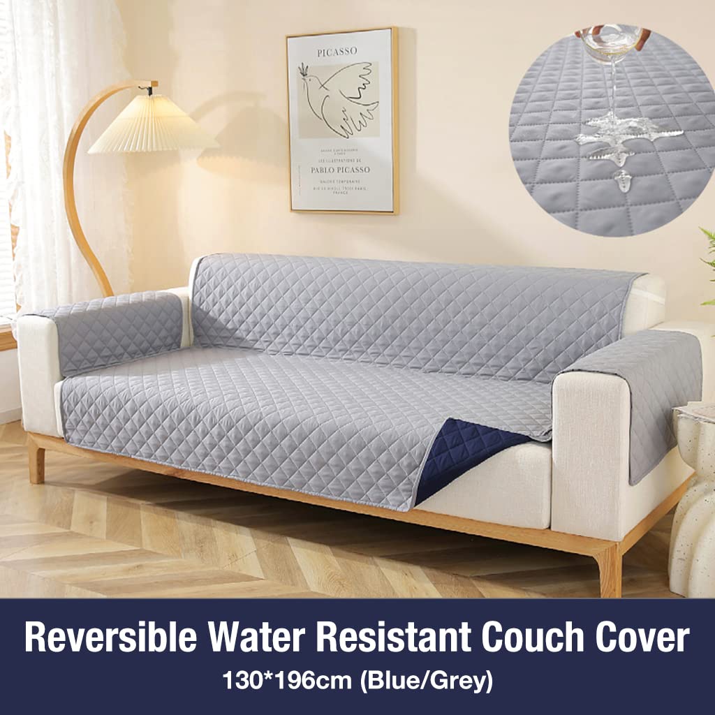 HASTHIP Sofa Cover 2 Seater, Sofa Slipcover, Reversible Oversized Water Resistant Couch Cover with Foam Sticks Elastic Straps, Furniture Protector for Children Pets Dog Cat, 130 * 196cm (Blue/Grey)