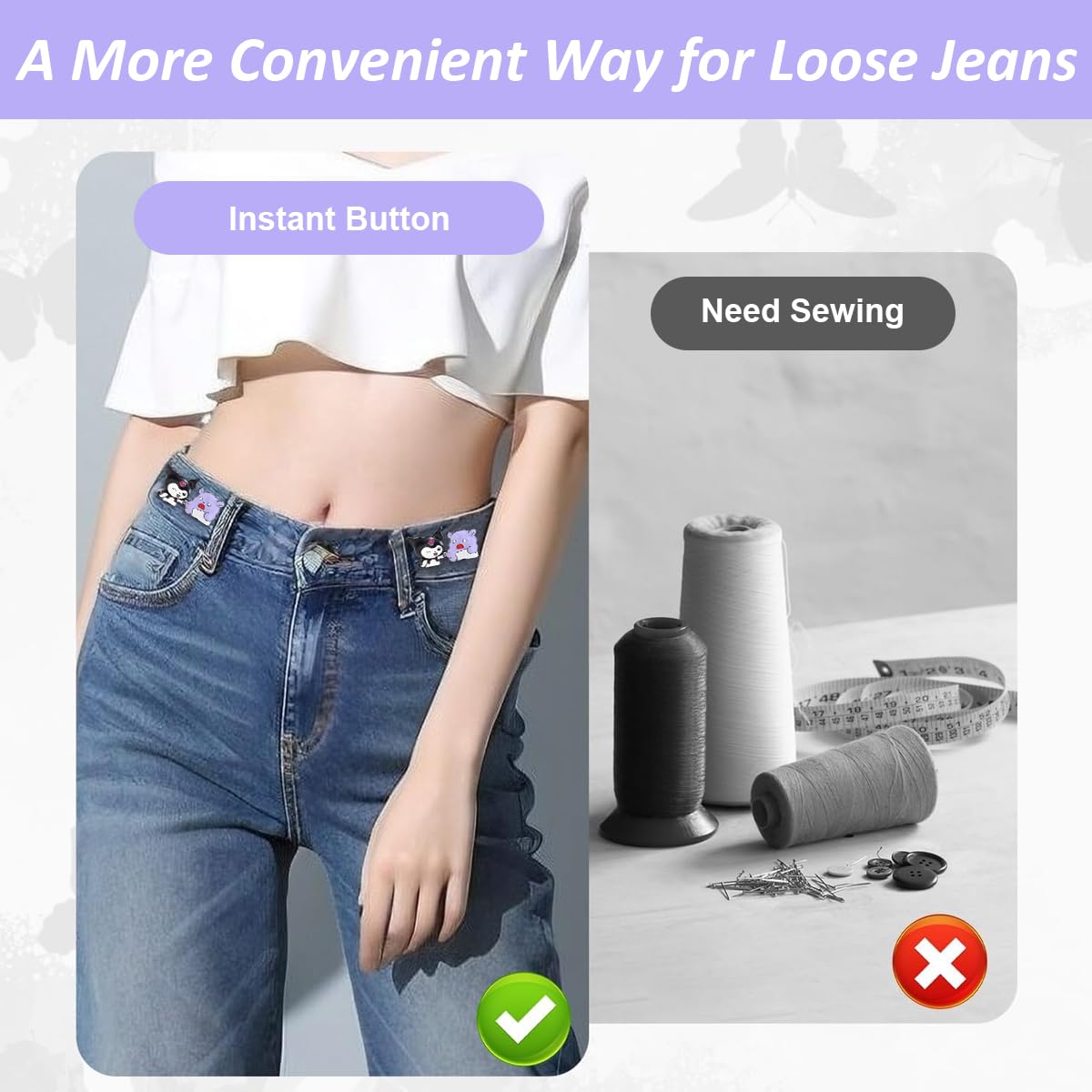 SANNIDHI 2 Pairs Jeans Tightening Clip, Kuromi Pants Clips Jeans Adjustable Button Pins, Adjustable Waist Buckle for Women Girls, Jeans Hooks for Waist Fit Loose Jeans Adjuster for Trousers, Skirts