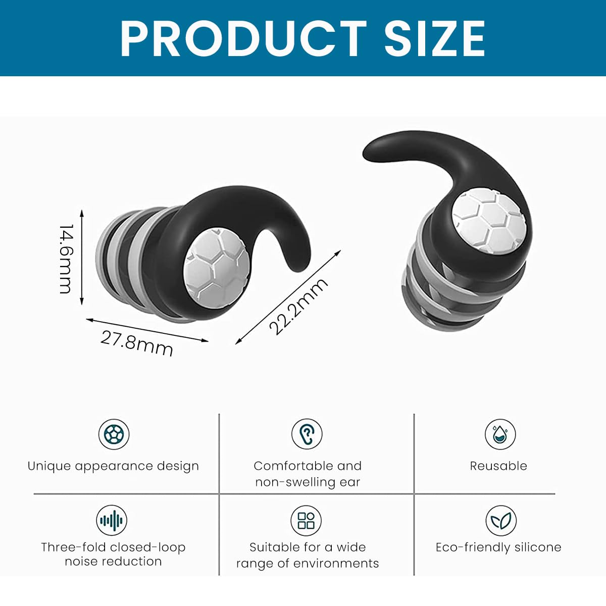 HANNEA 2PCS Ear Plugs for Sleeping, Reusable Silicone Earplugs for Noise Reduction Snoring, Sleeping, Work, Concerts, Studying and Travel