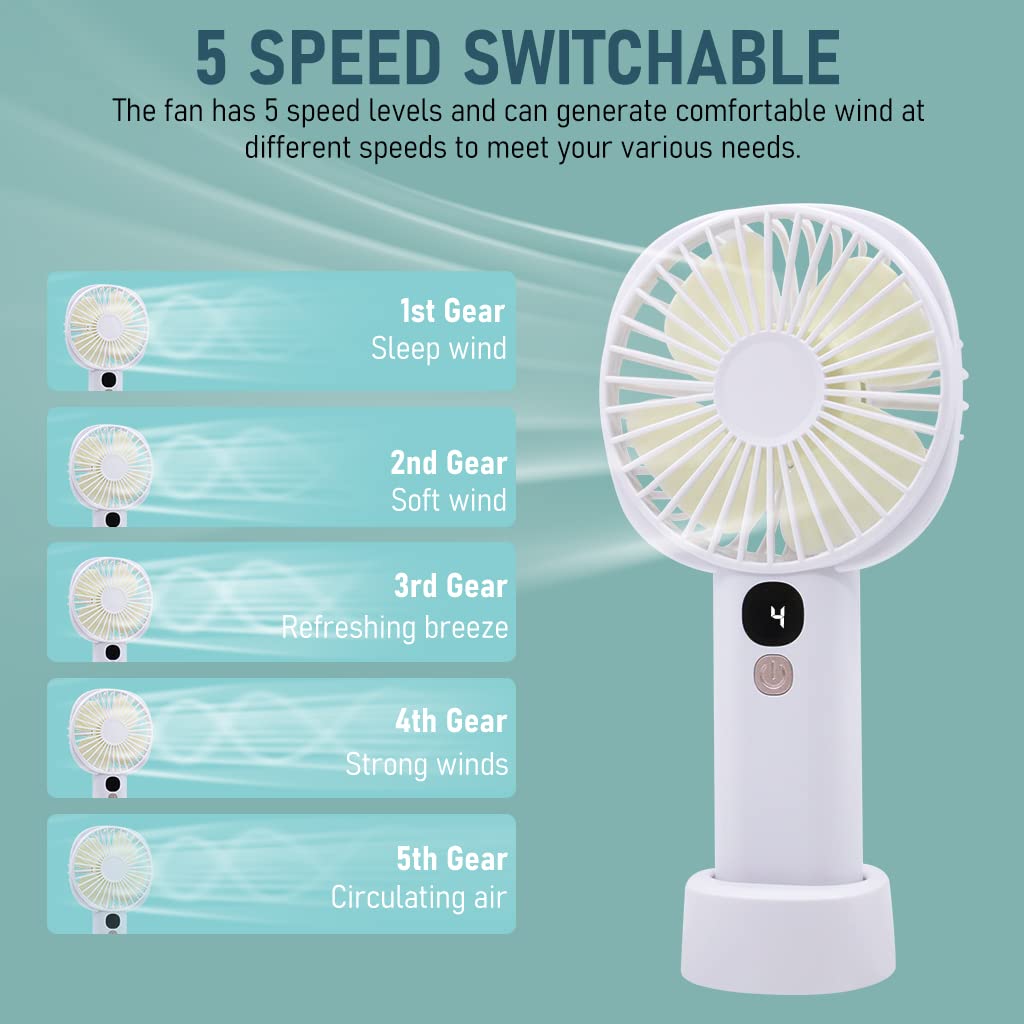 HASTHIP Mini Portable Fan, 5 Speed Personal Small Fan for Desk Fan with Base, Handheld Fan Pocket Fan Mini Fan Desktop Fan Cool Wind 3000mAh USB Rechargeable Hand Fan for Makeup Indoor Outdoor