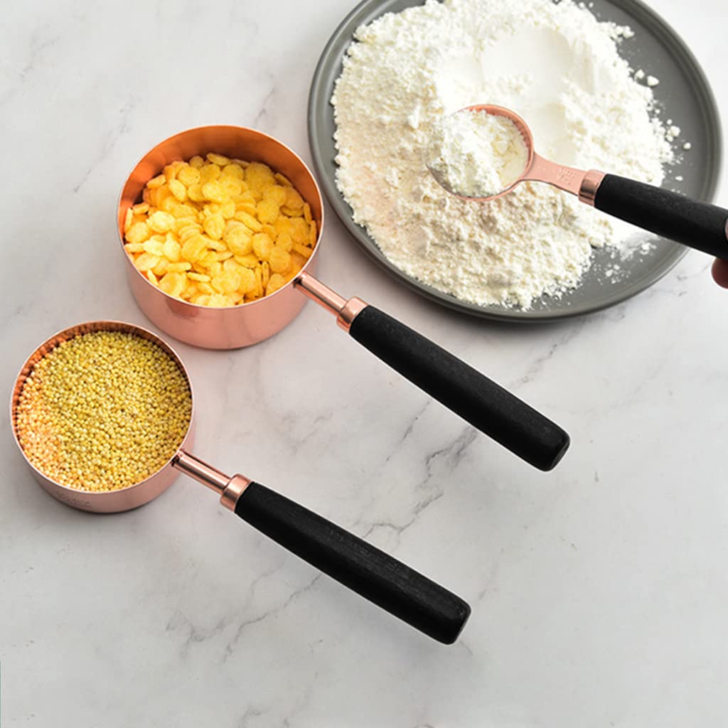 HASTHIP 8pcs Measuring Cup and Spoons Set, Stainless Steel Measuring Cup with Wood Handle for Kitchen/Food/Liquid/Baking