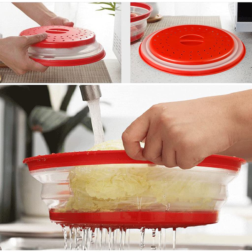 HASTHIP 10.5 inch Microwave Plate Cover, Collapsible Food Plate Lid with Top Steam Vent and Gripper, Strainer for Fruit, Microwave Lid Food Splatter Cover, BPA Free, Microwave Safe Material (Red)