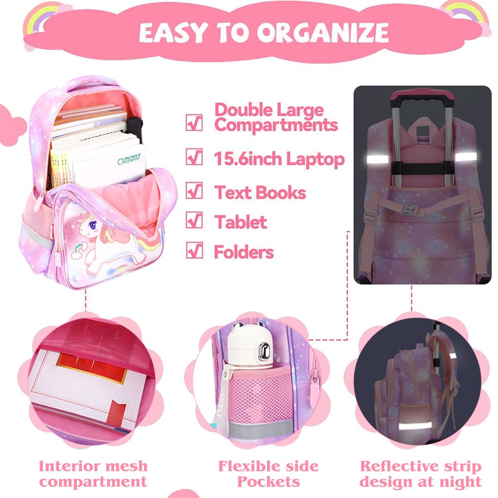 FANCYKU School Bags for Girls Kids Unicorn Bags for Girls School Bags on Wheel Detachable Wheel Stand Gift School Bag