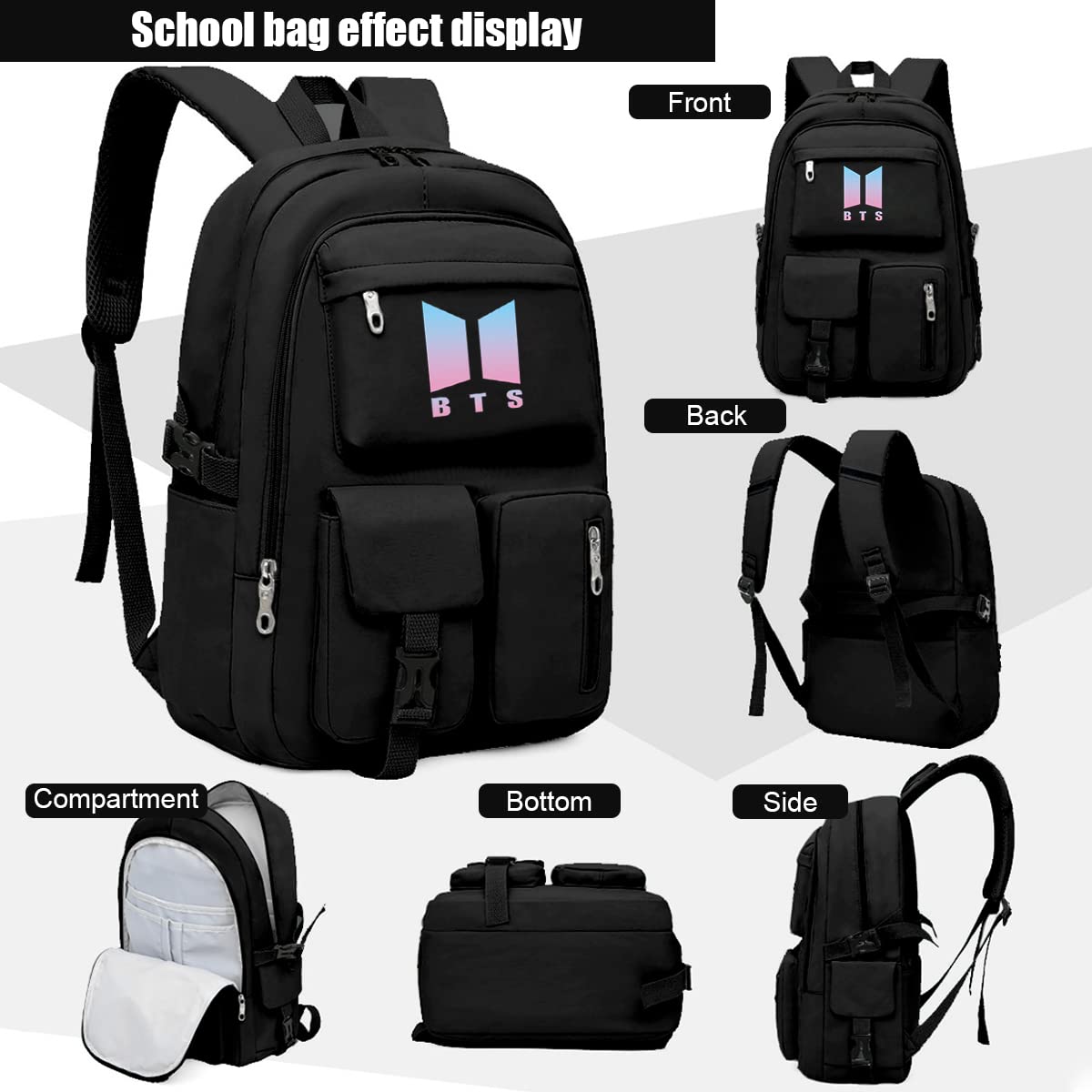 PALAY BTS Bags for Girls School Bags Kpop BTS Bangtan Theme Prints Casual Backpack for Student Laptop Bag College School Bag for Boys