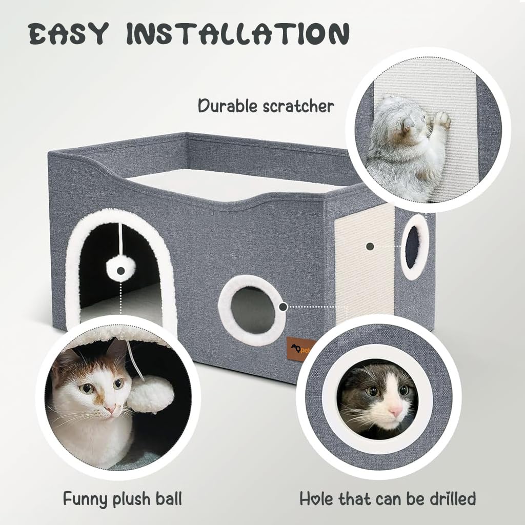 Qpets Cat Bed, Large Cat House, Foldable Cat Cave for Pet Cat House with ATOP Platform & Cat Scratcher Board, Double Layer Cat House Cat Hidewawy Game Tunnel for All Season Use