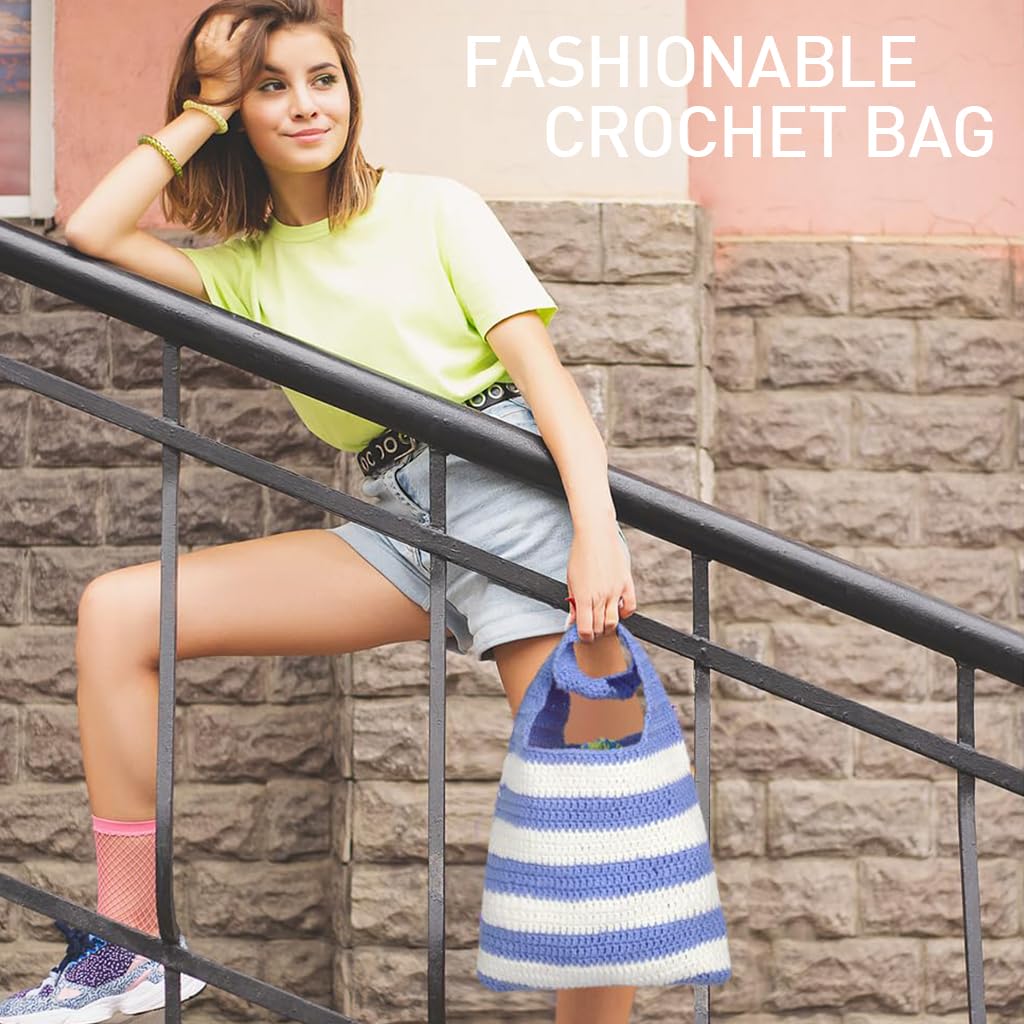 HASTHIP DIY Crochet Bag Material Kit Beginners Blue White Stripy Fashion Crochet Tote Bag Material Kit with Yarn, Crochet Hook, Tools & Accessories, Tutorial Video, DIY Crochet Kit for Adult