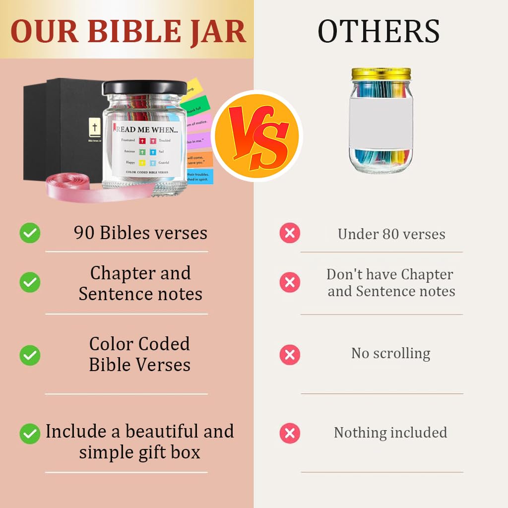HASTHIP Bible Verse Jar, Inspirational Bible Verse Jar Bible Verse Notes Glass Jar with 90Pcs Color-Coded Bible Verses Notes Christian Gifts Birthday Gift with A 48'' Ribbon Bow.