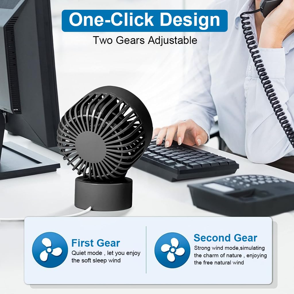 HASTHIP Mini USB Desk Fan with 2-Speed Control, Portable Small Desktop Fan Quiet Handheld Cooling Fan with Stand for Office, Travel & Makeup (Black)
