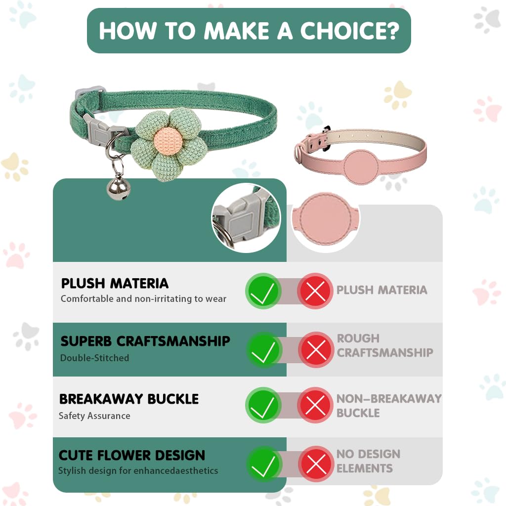 Qpets Cat Collar Pet Collar Cute Flower Cat Collar with Bell, Lovely Cat Collar Quick Release Adjustable Cat Collar Soft Plush Collar Cat Gift Cat Collar, Green