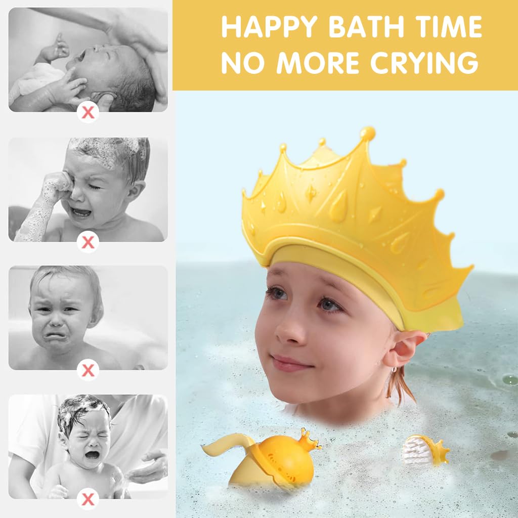 SNOWIE SOFT Baby Shower Cap Hair Brush Rinse Cup Soft Silicone Crown Cap Bath Cap Protecting Eye & Ear Adjustable Baby Shower Crown Cap Baby Shower Gift, Yellow
