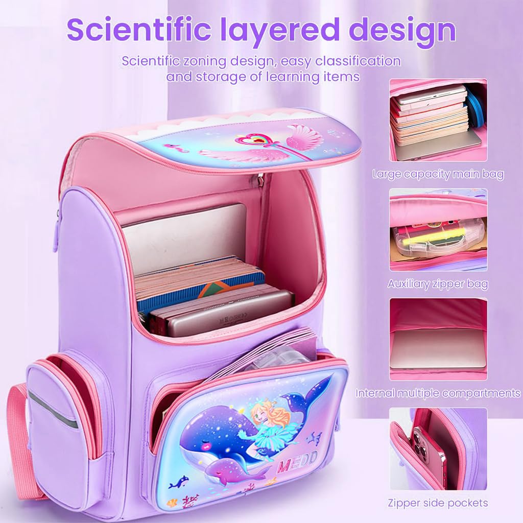 PALAY School Backpack for Girls, Mermaid Cartoon School Backpack Large Capacity Girls Backpack for School, Travel, Camping, Burden-relief School Backpack for Kids 6-12 Years Old