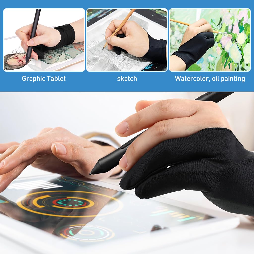ZORBES 1 Pair Artist Glove, Drawing Glove for Tablet, Palm Rejection Gloves Graphic Tablet Glove Dight Art Glove for Drawing, Anti-fouling Two-Finger Lycra Glove for Wacom, Graphic Drawing Gloves