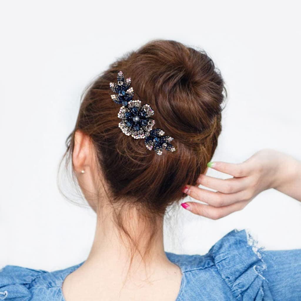 PALAY Flower Hair Clips for Women,Acrylic Hair Comb Pins Slide Hair Clips for Fashion Girls Crystal Barrettes Bridal Charm Hair Accessories(dark blue)