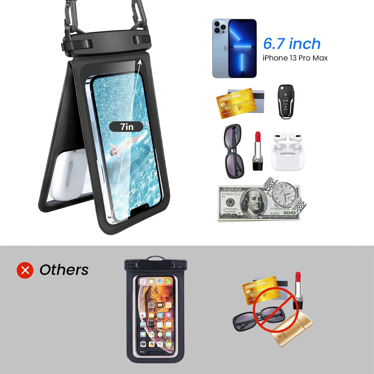 ZORBES Waterproof Phone Sling Bag for 7'' Phone and Below IPX8 Dual-Pocket Waterproof Phone Pouch with Lanyard Universal Transparent Diving Phone Bag for Phone, Earphone, Keys, Cash