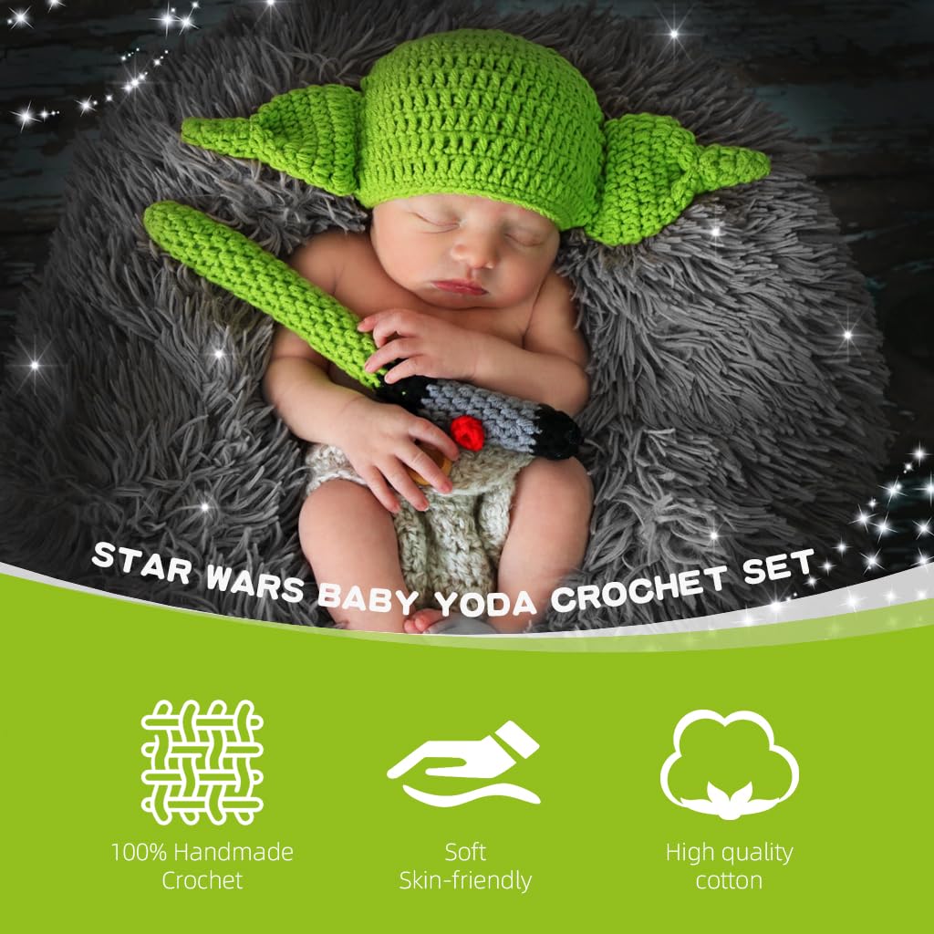 SNOWIE SOFT Baby Crochet Hat Baby Yoda Photography Props Creative Crocheting Baby Yoda Hat and Pants with Soft Crocheting Lightsaber Halloween Baby Costume Star Wars