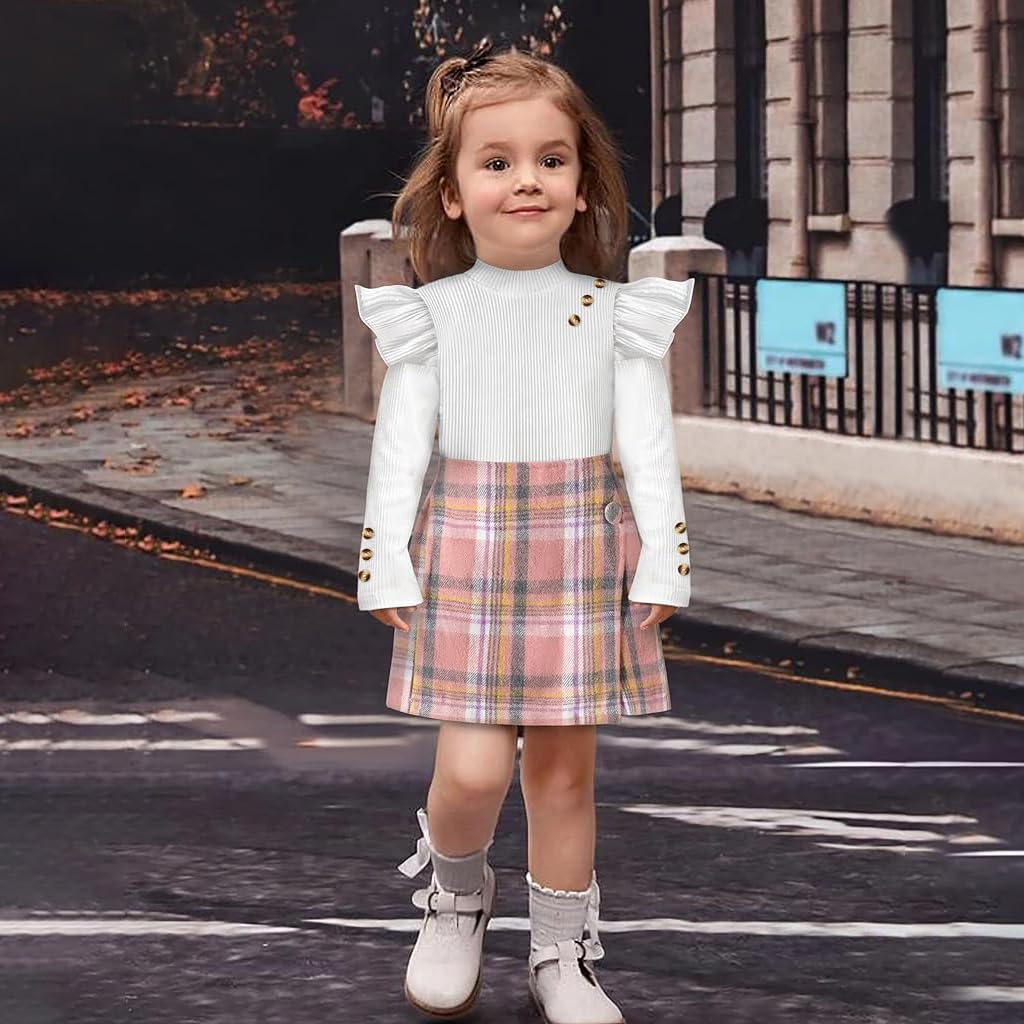 PALAY Baby Toddler Girl Clothes Kit Girls Set of 2Pcs Top and Shorts Long Sleeve Ruffle Shirt Base Top and Plaid Skirt Shorts for Girls 4-5 Years Old, Size 120cm
