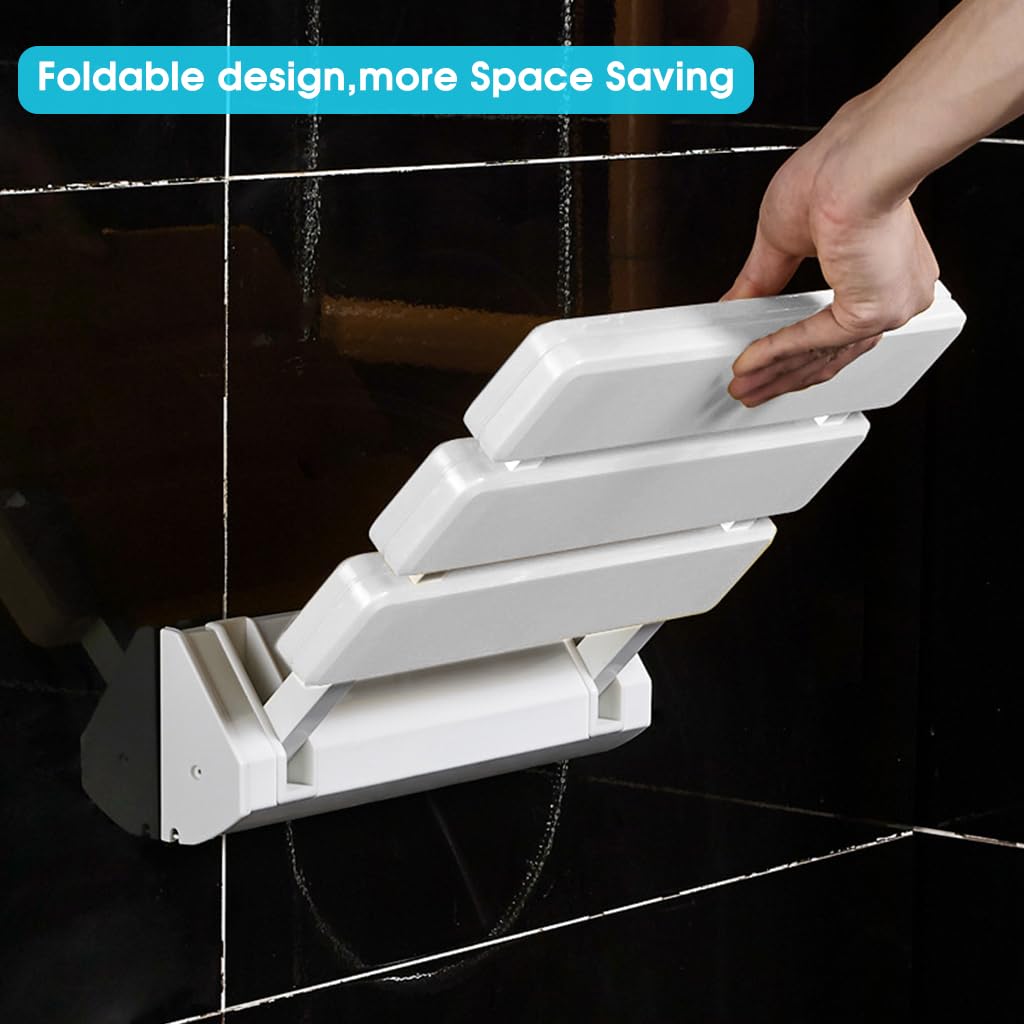 HANNEA Folding Shower Seat Wall Mounted, ABS Durable Shower Seat for Bathroom Anti-Slip Showering Seat, Fold Down Shower Seat Shower Chair for Elderly, Kids, Pregnant(White)