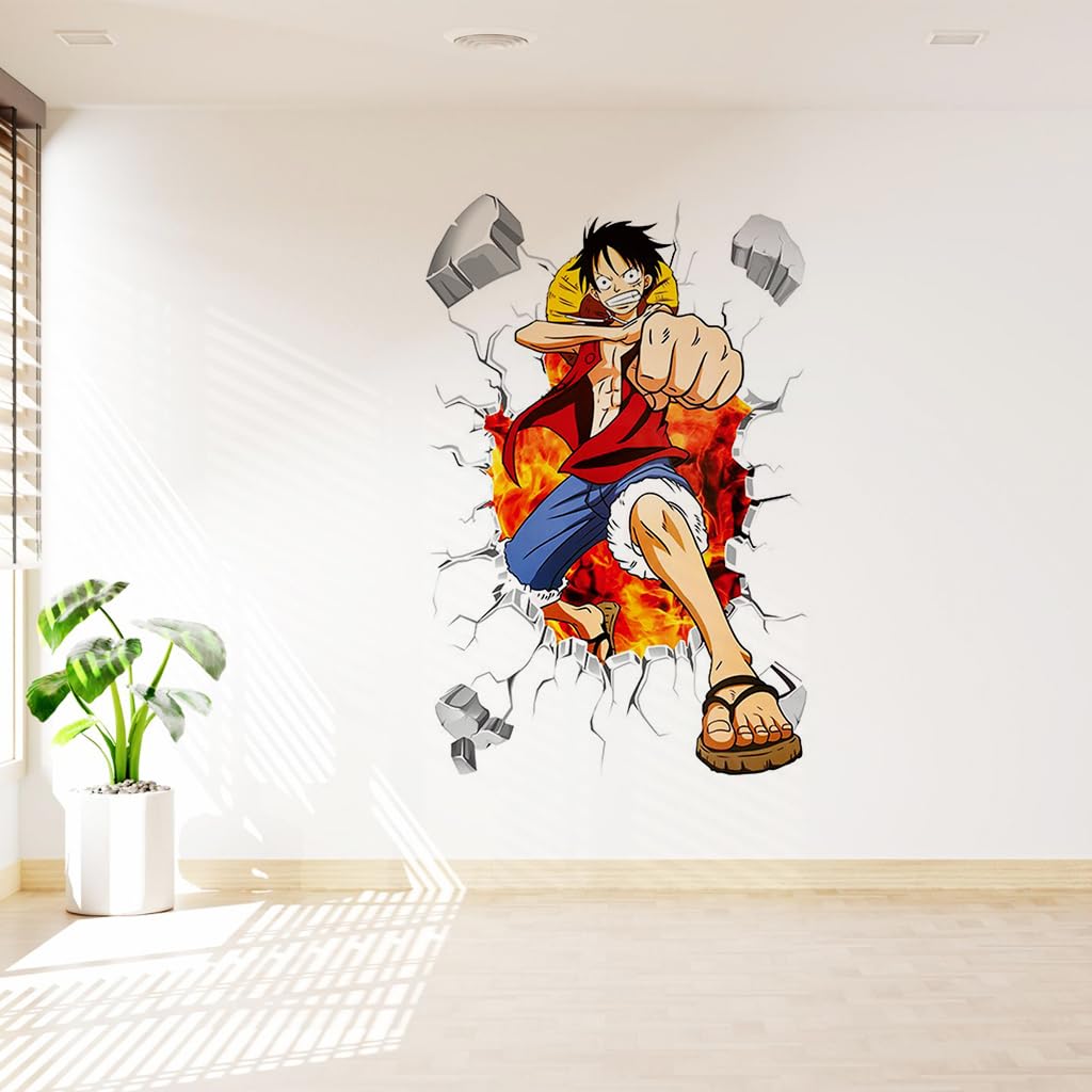 HASTHIP 1 Sheet 3D Wall Paper Sticker Anime Onepiece Monkey D Luffy 3D Wall Paper Self Adhesive PVC Wall Paper Removable Cartoon 3D Wall Paper for Kids Room, Bed Room, Living Room, 19.6 x27.5 inches