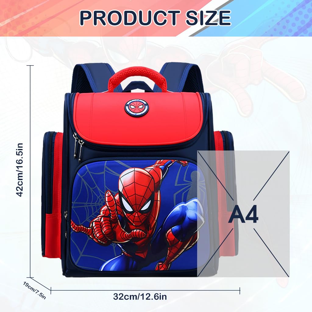 FANCYKU School Backpack for Boy Kids Spider Man Waterpoof Large Capacity School Bag, Travel, Camping, Burden-relief Backpack for Kids Gift (6-12 Years Old), Red