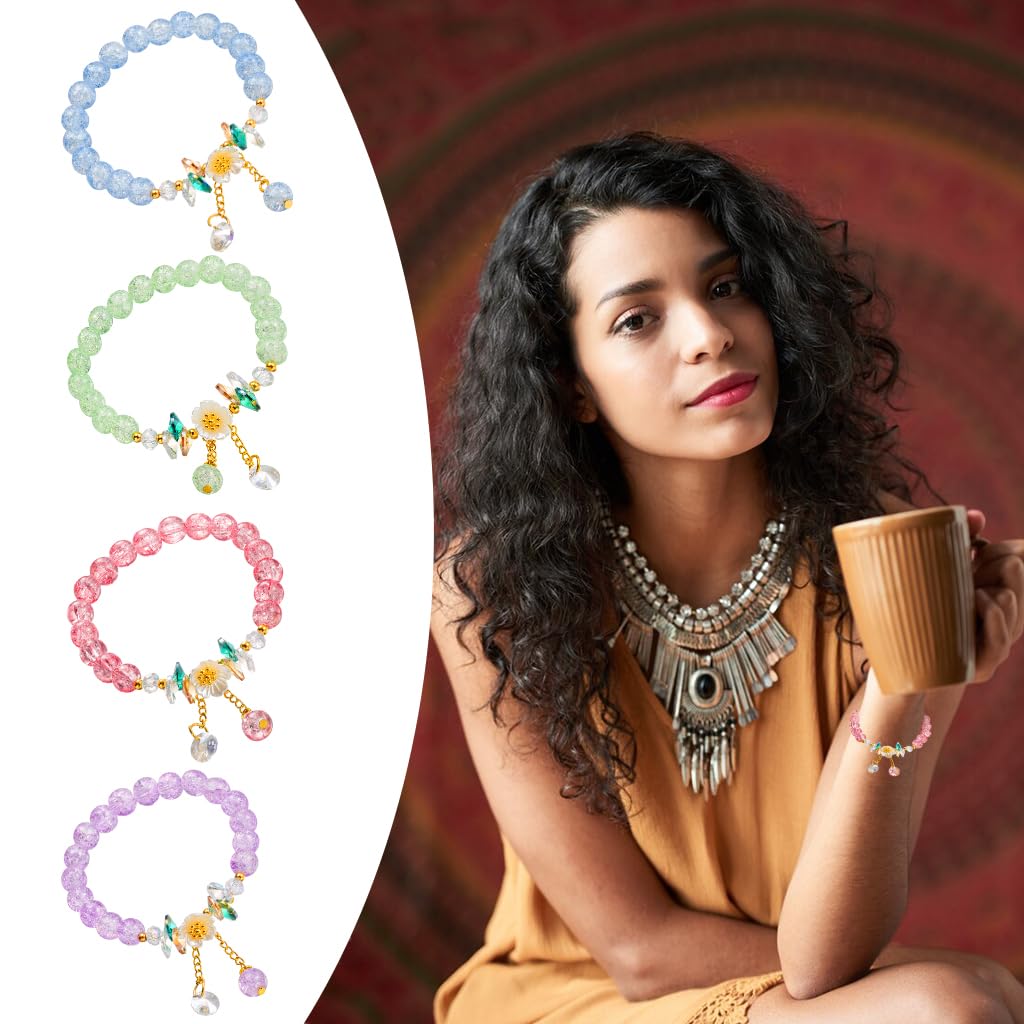 SANNIDHI 4pcs Crystal Beads Bracelet for Girls, Floral Charm Friendship Bracelet BFF Bracelet for Girl Kids Gift Christmas Party Favors