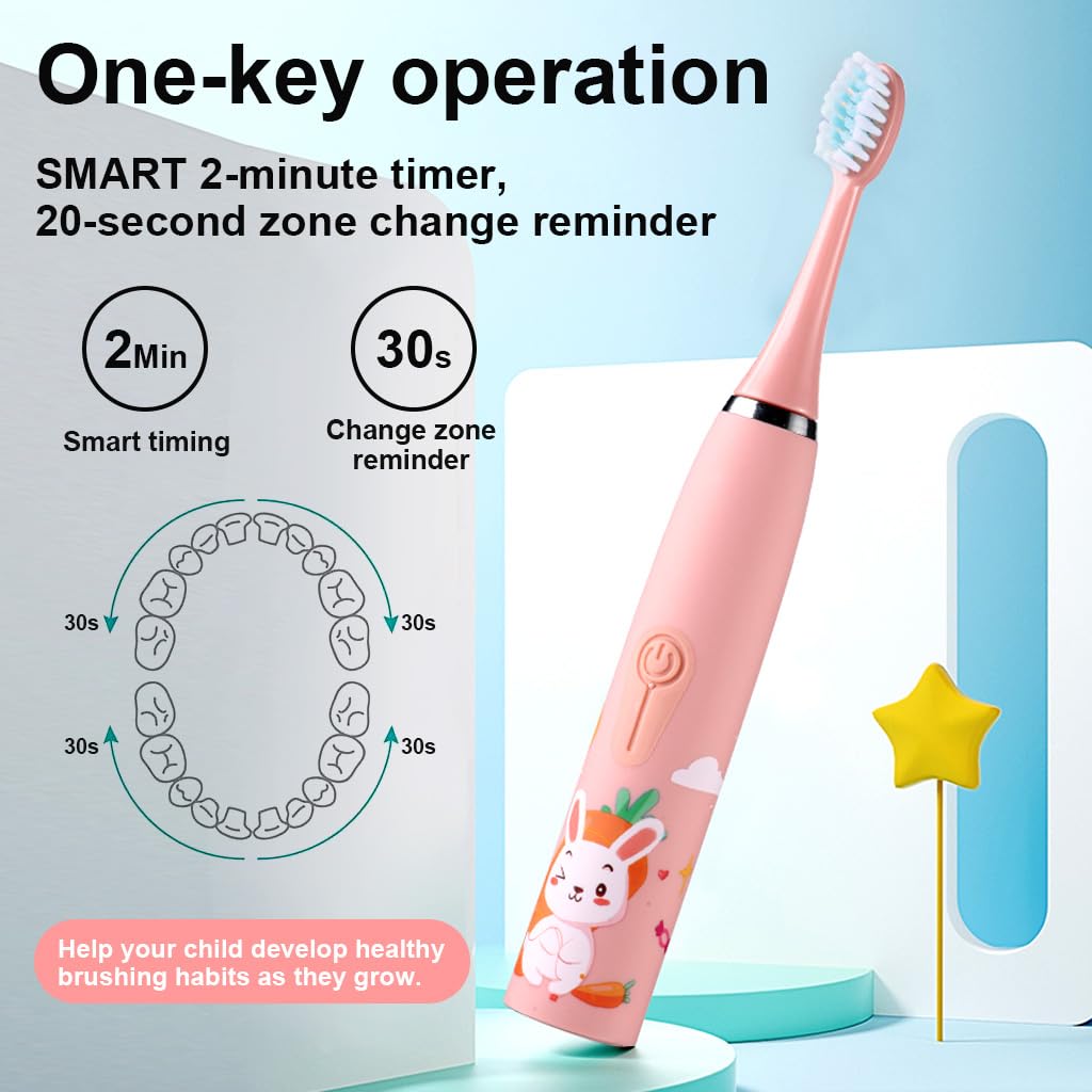 HANNEA Sonic Electric Toothbrush for Kids with 5 Modes, 5 Soft Dupont Brush Heads, Smart Timing, One Button Control, USB Electric Toothbrush for Kids Cartoon Electric Toothbrush Gift for Kids Age 3+