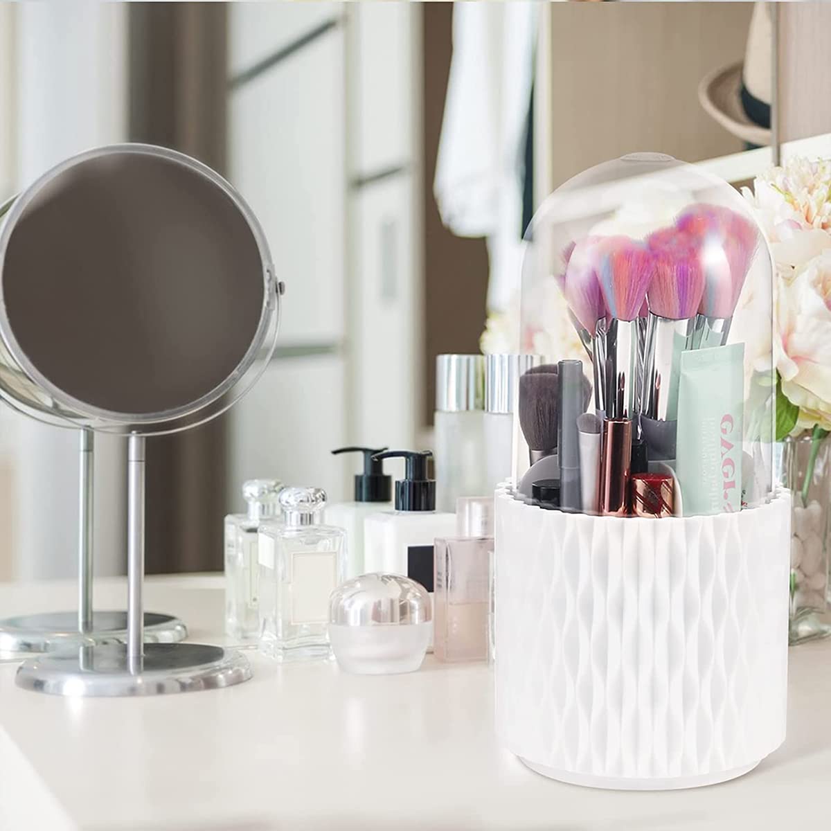 MAYCREATE Makeup Brush Holder Organizer With Lid, 360° Rotatable 4-Grid Cosmetic Makeup Brushes Storage Case Stand For Vanity Or Bathroom - Dustproof & Waterproof, White, Plastic