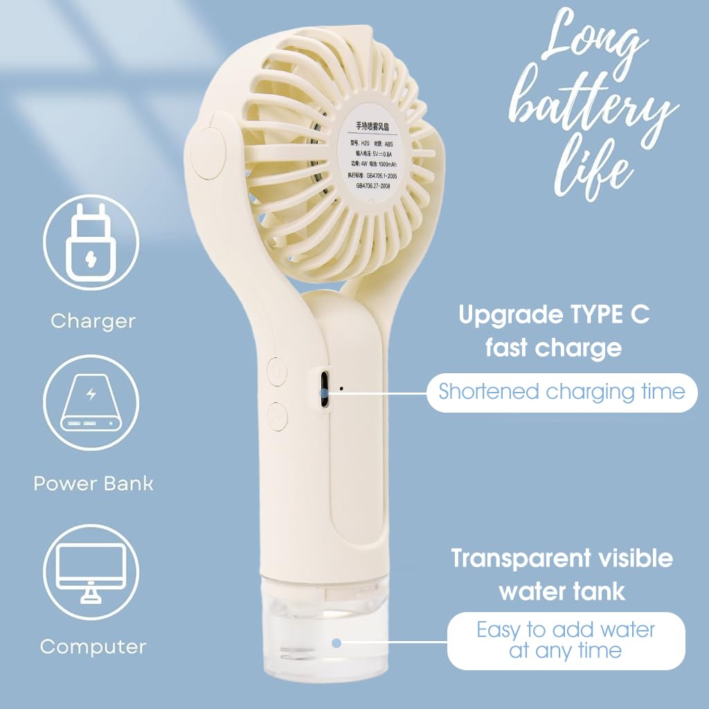 ZIBUYU Portable Fan, Hand Fan, with Mist Sprayer 2 In 1 Travel USB Mini Fan Desk Fan with 3 Speeds, hand fan rechargeable for Hot Summer Ideal for Home, Office, Kitchen & Travel Use(1000mAh)