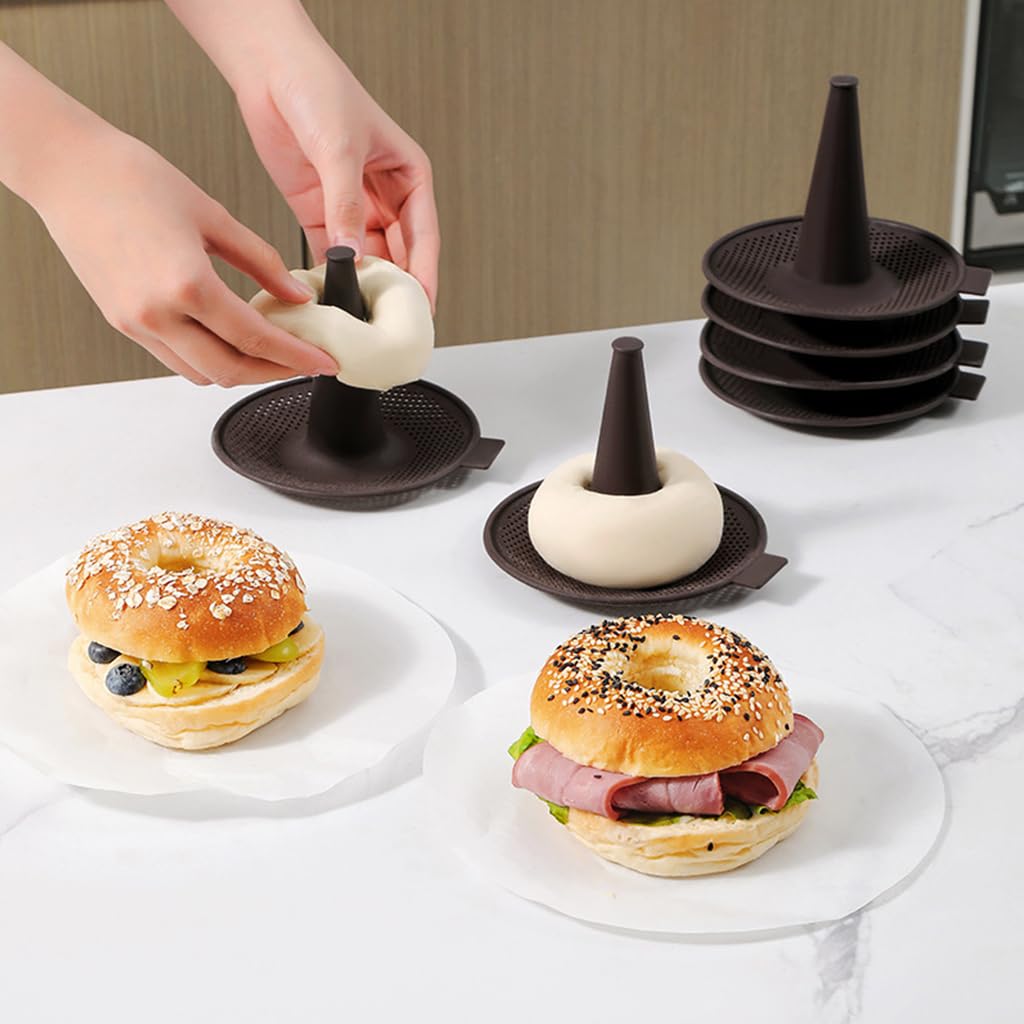 HASTHIP 6PCS Silicone Donut Molds, Brown Baking Mold Set, Pastry Molds for Baking Bagel, Doughnut, Cakes, Mousse Pudding