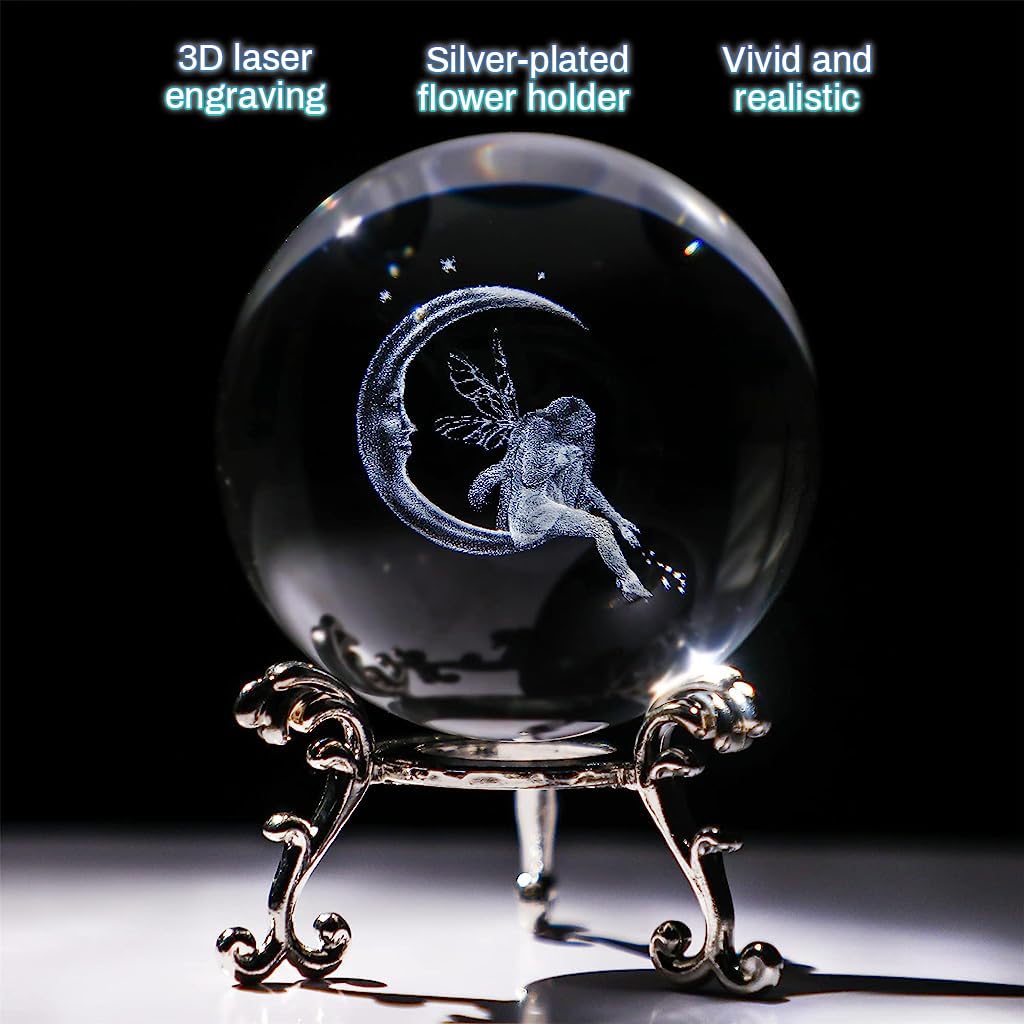 HASTHIP 8cm/3.15inch 3D Moon & Fairy Crystal Ball, Glass Sphere Laser Engraved Ball with Sliver-Plated Flowering Stand, Christmas Home Decor Desk Ornament Birthday Gift Festival Gift