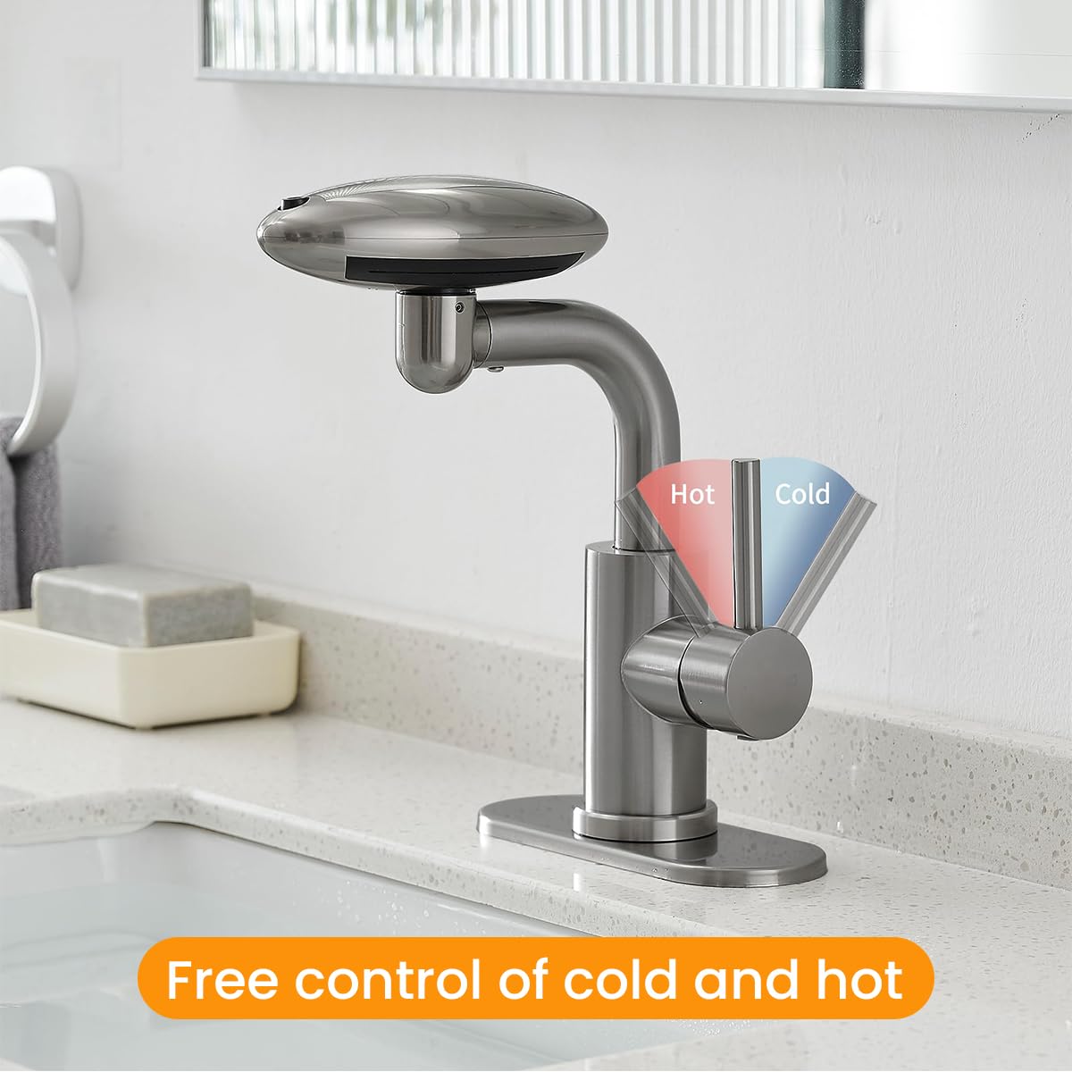 HASTHIP Waterfall Bathroom Sink Faucet, 4 Modes Single Hole Bathroom Faucet, 360° Rotating Single Handle Bathroom Faucet 1 Hole, Modern Swivel Bathroom Faucet, with 1/2