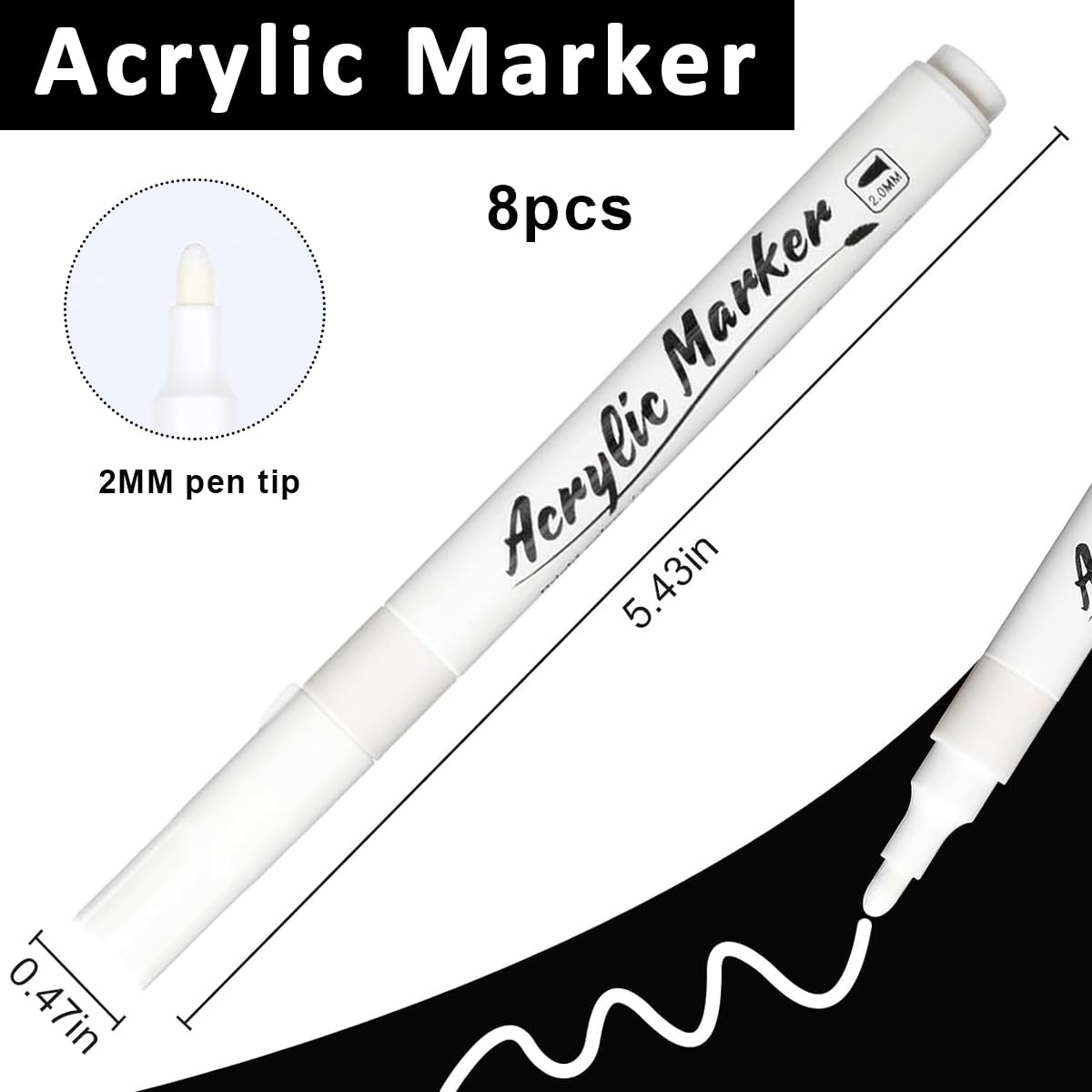 HASTHIP 8 Pack White Paint Pen White Acrylic Permanent Marker White Mark Pens, 2mm Waterproof Smudge Resistant Quick Dry Mark Pens, for Plastic Leather Glass Stone Metal Canvas Ceramic Marker