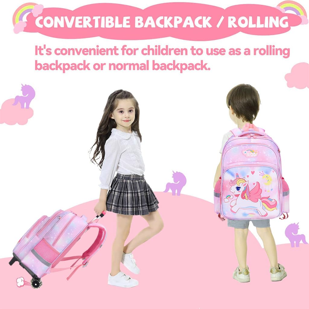 FANCYKU School Bags for Girls Kids Unicorn Bags for Girls School Bags on Wheel Detachable Wheel Stand Gift School Bag