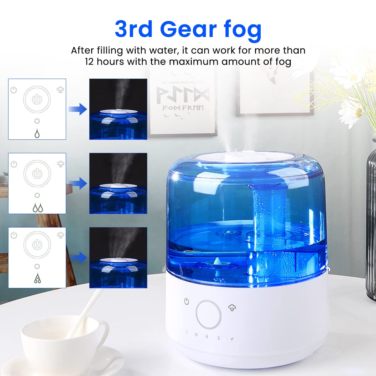 HANNEA 3L Cool Mist Humidifier, Touch Button, for Bedroom, Home, Office and Plants, 28dB Low Sound Quiet Ultrasonic Humidifier, Easy to Clean Home Humidifier,Auto Shut Off