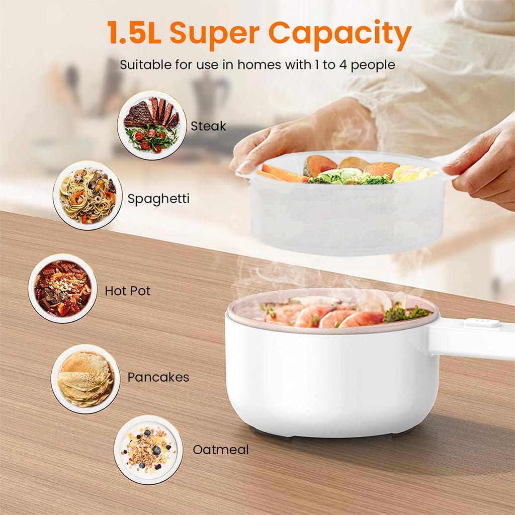 Supvox Electric Pot 1.5L Electric Cooking Pot with Lid & Steamer Multifunctional Electric Pot with Adjustable Power, Non-Stick Cooking Pot with Anti-Dry Burning, Electric Cooking Pot