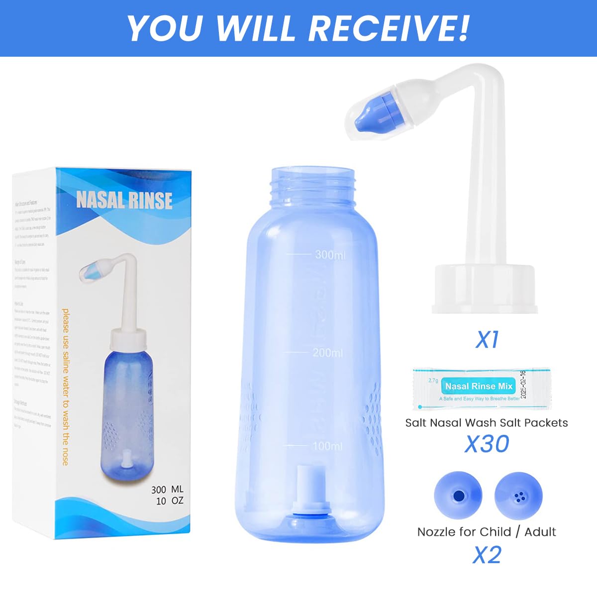 HANNEA Nasal Rinser Kit for Sinus & Allergy Relief, With 30 Packs Nasal Wash Saline(2.7g/per pack) 300ml Reusable Nasal Rinser Kettle, Relieve Nasal Discomfort, Suits for Daily Use, with 2 Rinse Tips