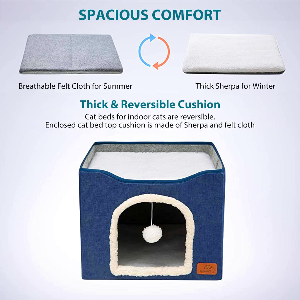 Qpets Cat Beds for Cats Large Cat House Cat Cave for Pet Cat House with Fluffy Ball Hanging Toy and Scratch Pad, Foldable Cat House Cat Hidewawy, Blue, 16.5x16.5x14 inches